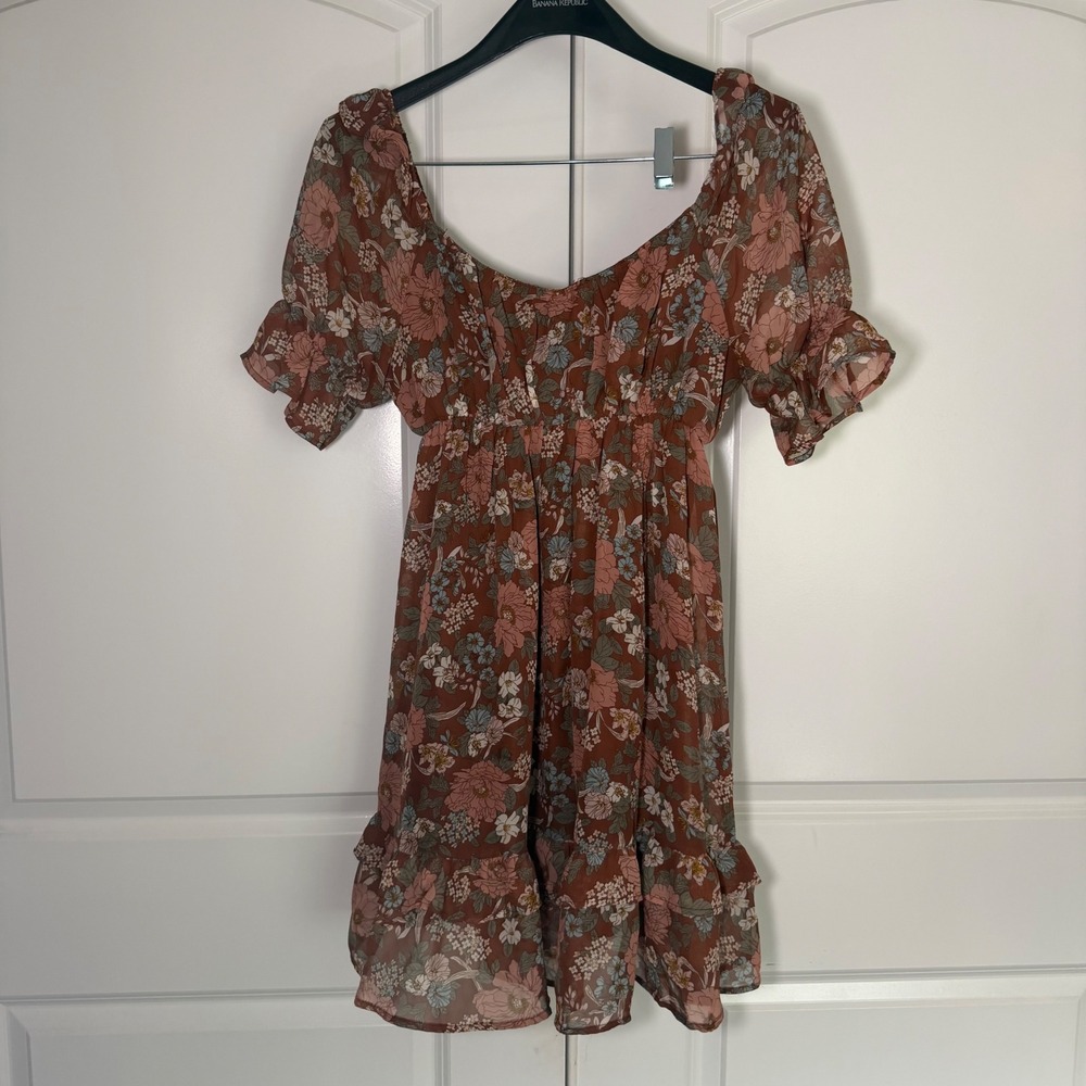 Blu Pepper Floral Smocked Mini Dress Rust Brown Boho Cottagecore Womens Medium